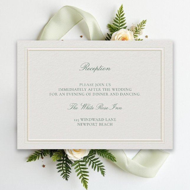 Classic Green Elevated Ecru Wedding Reception Enclosure Card (modern classic wedding reception details forest green type double frame ivory formal traditional)