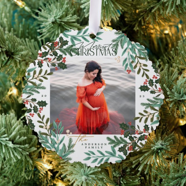 Classic Green Enchanting Botanical Christmas photo Ornament Card (Insitu (Tree))