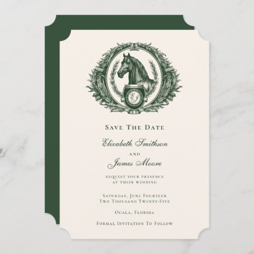 Classic Green Equestrian Monogram Crest Wedding Save The Date