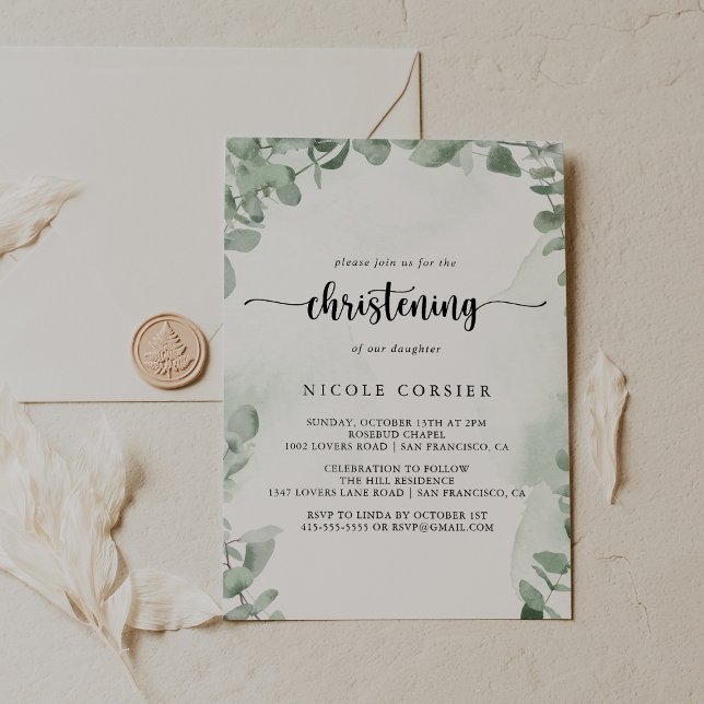Classic Green Eucalyptus Foliage Christening  Invitation (Creator Uploaded)