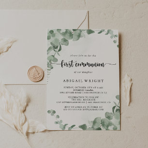Classic Green Eucalyptus Foliage First Communion Invitation