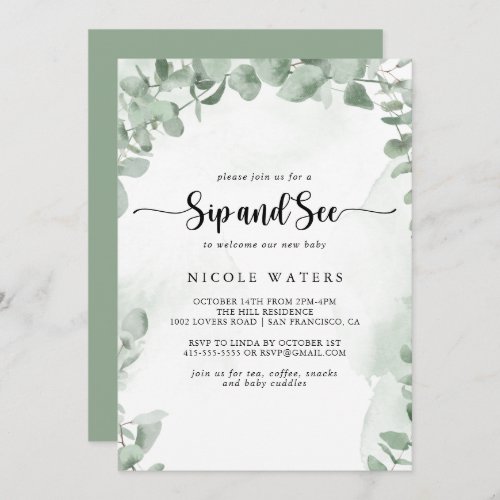 Classic Green Eucalyptus Foliage Sip and See Invitation