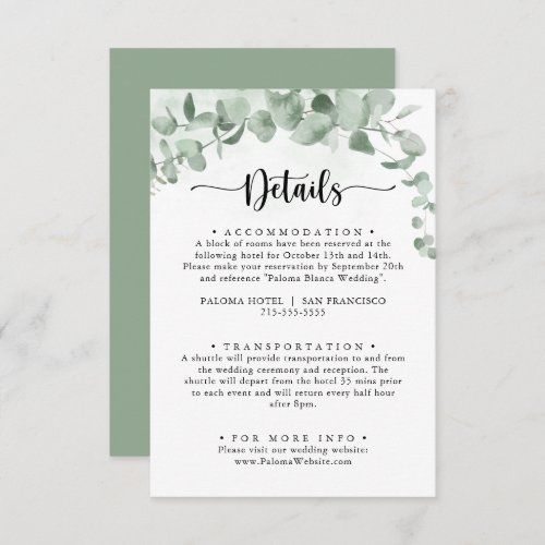 Classic Green Eucalyptus Foliage Wedding Details  Enclosure Card