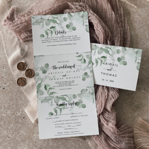 Classic Green Eucalyptus Foliage Wedding Tri_Fold Invitation