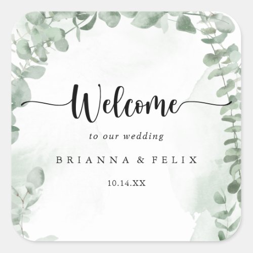 Classic Green Eucalyptus Foliage Wedding Welcome  Square Sticker