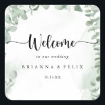 Classic Green Eucalyptus Foliage Wedding Welcome  Square Sticker<br><div class="desc">This classic green eucalyptus foliage wedding welcome square sticker is perfect for a rustic wedding. The design features beautiful watercolor green eucalyptus leaves.

These labels are perfect for hotel guest welcome bags and destination weddings.</div>