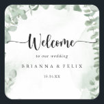 Classic Green Eucalyptus Foliage Wedding Welcome  Square Sticker<br><div class="desc">This classic green eucalyptus foliage wedding welcome square sticker is perfect for a rustic wedding. The design features beautiful watercolor green eucalyptus leaves.

These labels are perfect for hotel guest welcome bags and destination weddings.</div>
