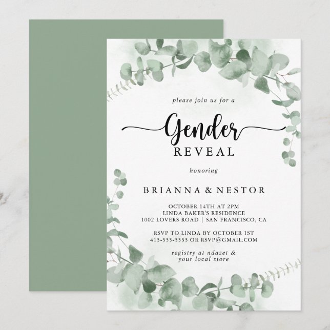 Classic Green Eucalyptus Gender Reveal Party  Invitation (Front/Back)