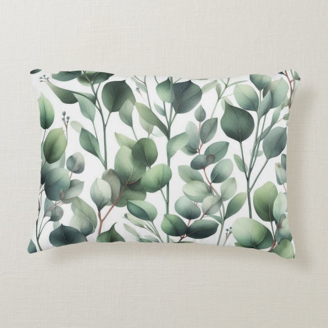 Classic Green Eucalyptus Leaves on White  Accent Pillow (Back)