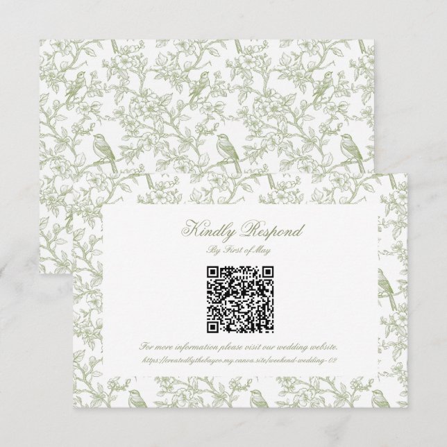 Classic Green Floral and Bird Toile QR code RSVP (Front/Back)