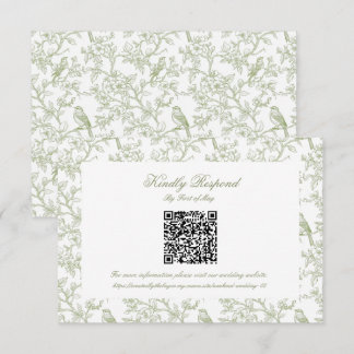 Classic Green Floral and Bird Toile QR code RSVP Card