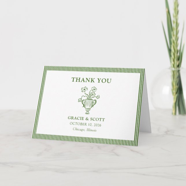 Classic Green Floral Stripe Wedding Thank You (Front)