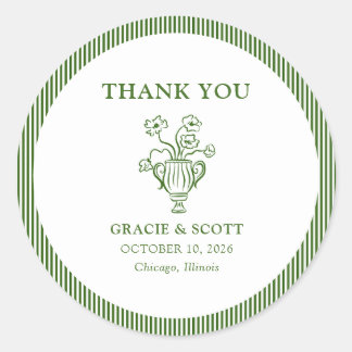 Classic Green Floral Stripe Wedding Thank You Round Sticker