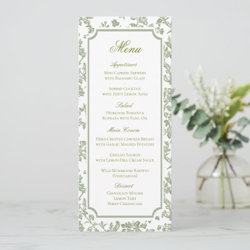 Classic Green Floral Toile Wedding Menu