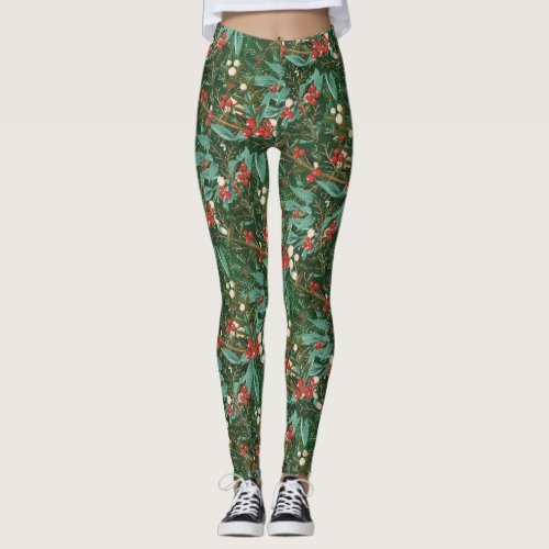 Classic Green Fun Botanical Holiday Christmas Leggings