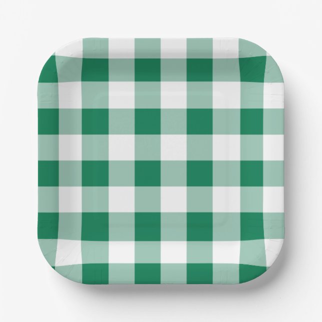Classic Green Gingham Seamless Pattern Paper Plates (Front)