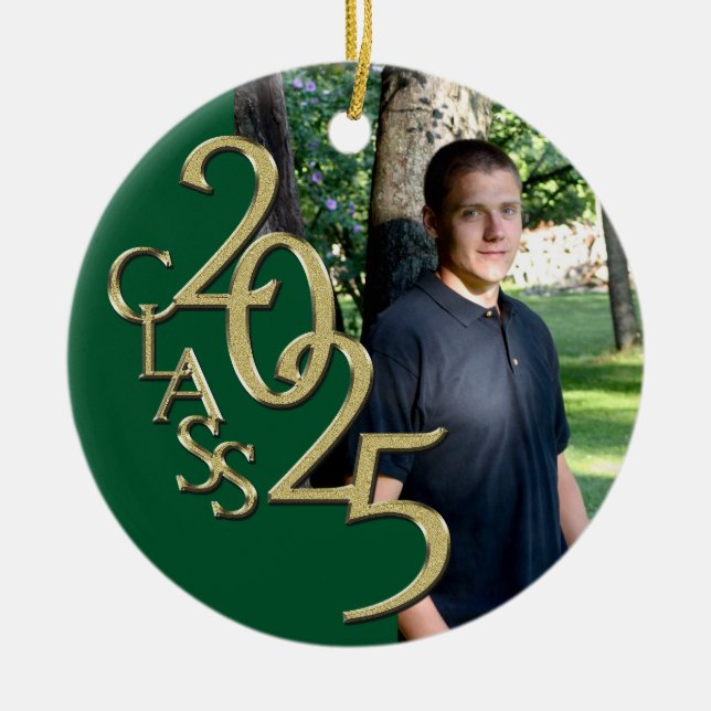 Classic Green Gold 2025 Graduate Photo Ceramic Ornament (Front)