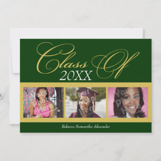 Classic Green/Gold 3 Photo Graduation Announcement