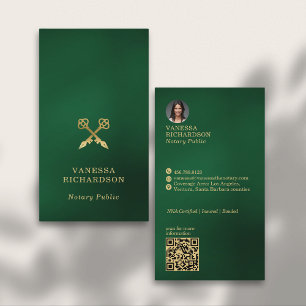 Classic Green Gold Crossed Pens Notary QR Code Business Card