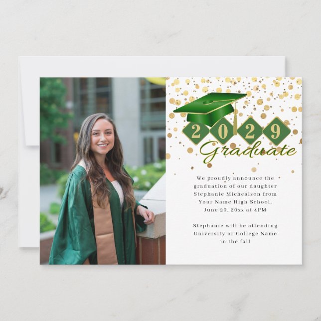 Classic Green Gold Graduation Photo Announcement (Front)