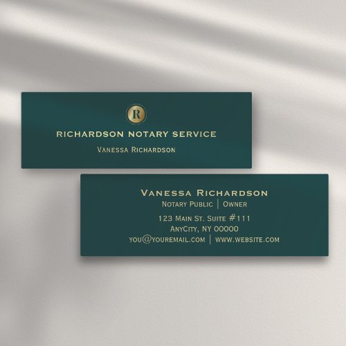 Classic Green  Gold Monogram Icon Notary Public Mini Business Card
