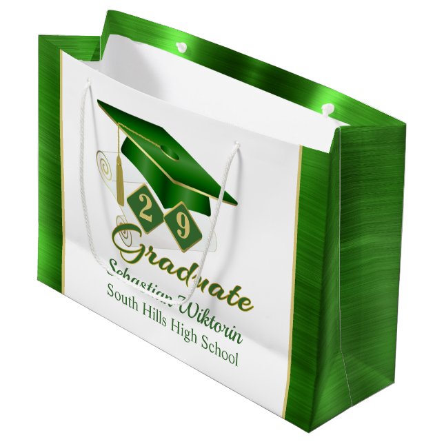 Classic Green Gold Personalized Graduation Large Gift Bag (Front Angled)