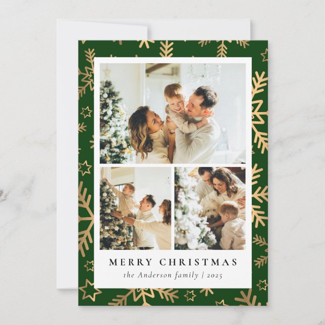 Classic Green Gold Photo Collage Christmas Holiday Card (Front)