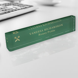 Classic Green & Gold Professional Gold Pen Notary Desk Name Plate