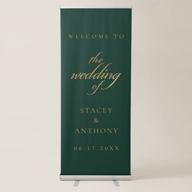 Classic Green Gold Simple Wedding Welcome Retractable Banner (Front)