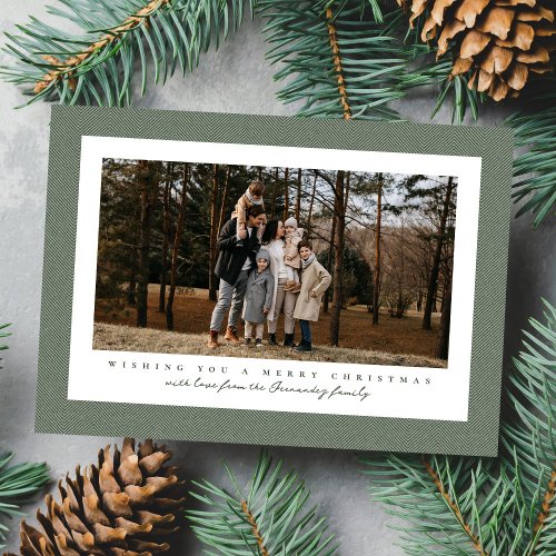 Classic green herringbone frame photo Christmas Holiday Card