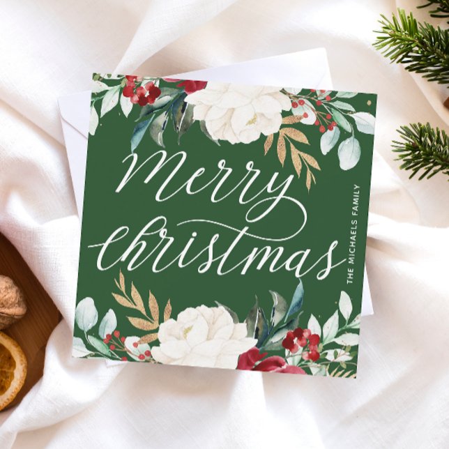 Classic Green Holiday Floral Christmas Note Card (Creator Uploaded)