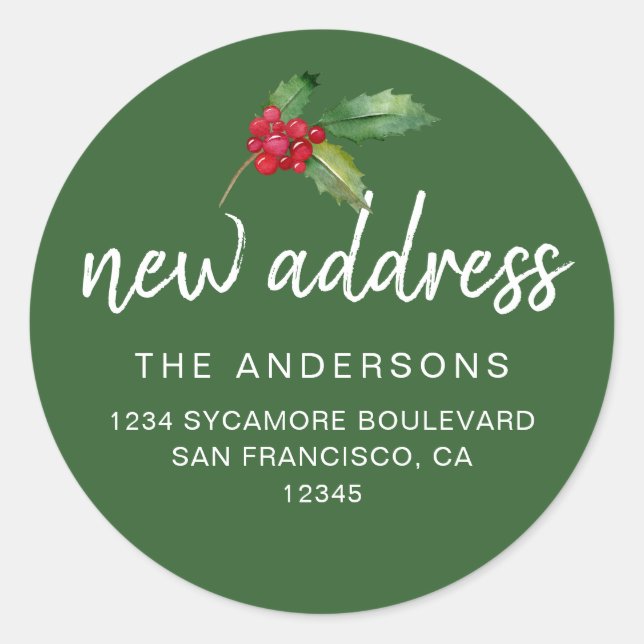 Classic Green Holly New Address Holiday Classic Round Sticker (Front)