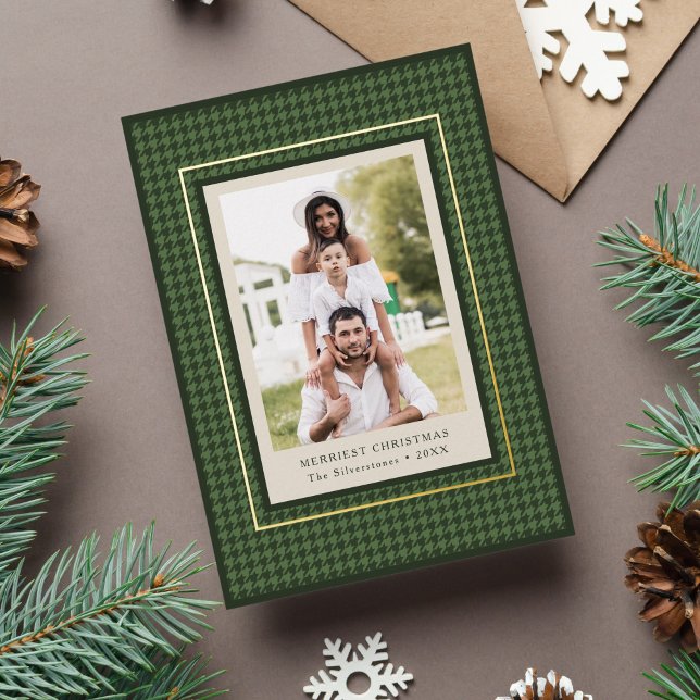 Classic Green Houndstooth Pattern Christmas Photo Foil Holiday Card (preppy, classic Christmas photo card with green houndstooth pattern and gold border)