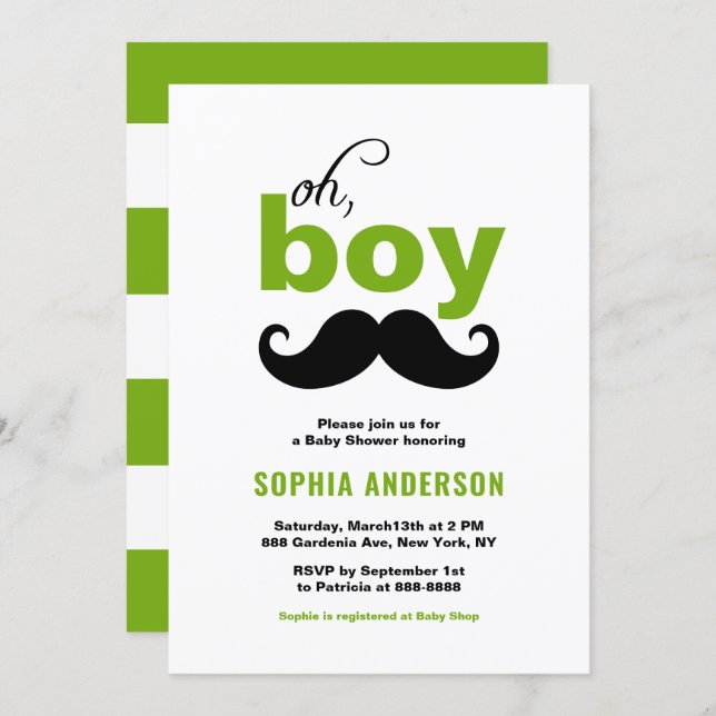 Classic Green It's a Boy Mustache Baby Shower Invitation (Front/Back)