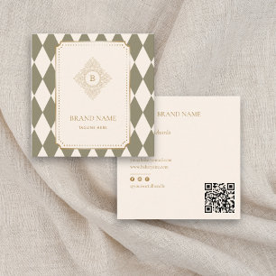 Classic Green & Ivory Argyle Monogram Gold Accent  Square Business Card