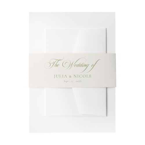 Classic Green Ivory Calligraphy Wedding Invitation Belly Band