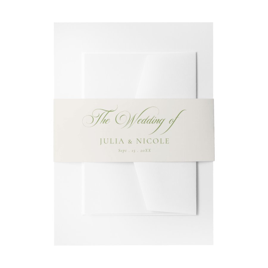 Classic Green Ivory Calligraphy Wedding Invitation Belly Band