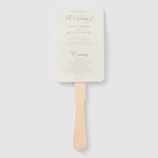 Classic Green Ivory Calligraphy Wedding Program Hand Fan (Front)