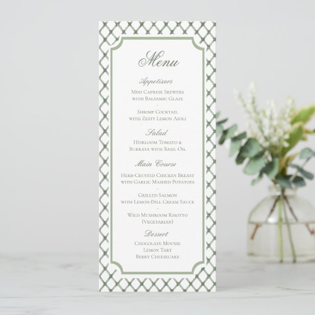 Classic Green Lattice Pattern Wedding Menu (Standing Front)