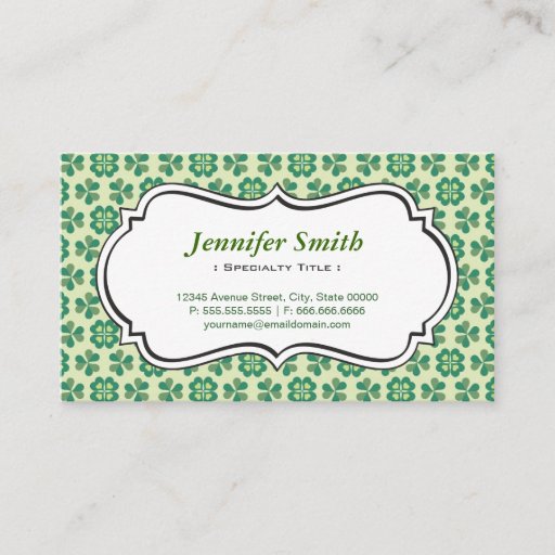 Customizable Classic Green Lucky Clover Simple Elegant Shamrock Business Card Template