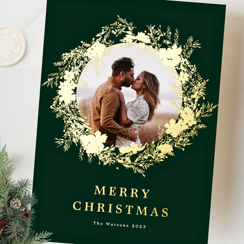 classic green MERRY CHRISTMAS GOLD wreath photo Foil Holiday Card