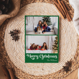 Classic Green Merry Christmas Vertical 2 Photo Holiday Card