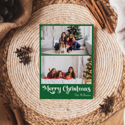 Classic Green Merry Christmas Vertical 2 Photo Holiday Card