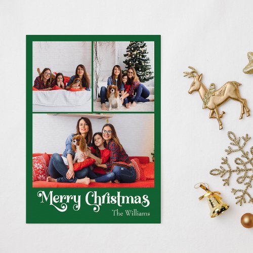 Classic Green Merry Christmas Vertical 3 Photo Holiday Postcard