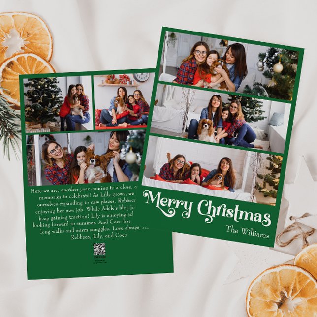 Classic Green Merry Christmas Vertical 6 Photo Holiday Card (Creator Uploaded)