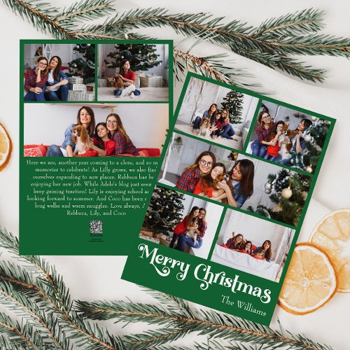 Classic Green Merry Christmas Vertical 8 Photo Holiday Card