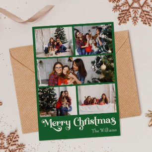 Classic Green Merry Christmas Vertical Five Photo Holiday Card