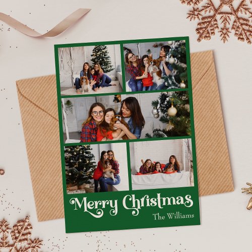 Classic Green Merry Christmas Vertical Five Photo Holiday Card