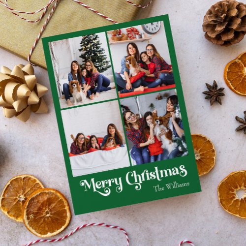 Classic Green Merry Christmas Vertical Four Photo Holiday Postcard