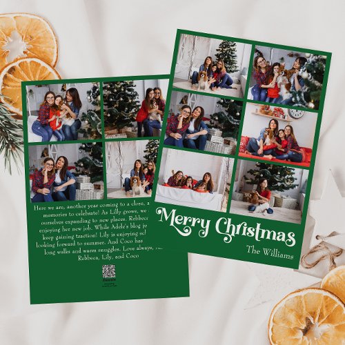 Classic Green Merry Christmas Vertical Ten Photo Holiday Card
